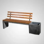 Bancă de beton cu spetează din lemn şi ghiveci